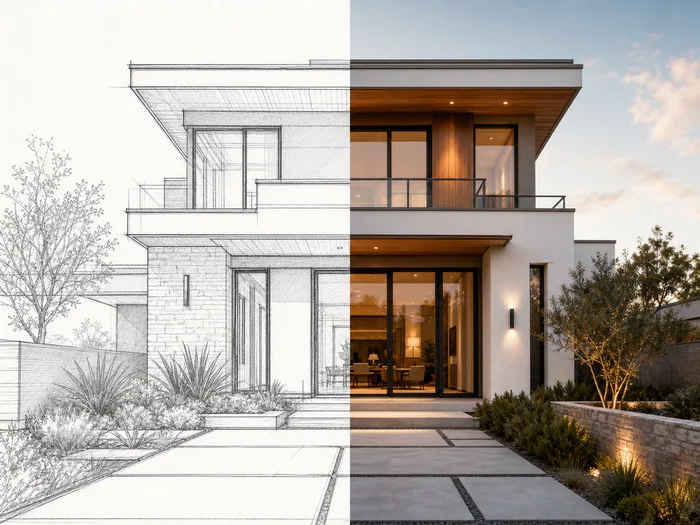 One image split down the middle: a pencil and ink line sketch of a modern house on the left becoming the same view as a photorealistic render on the right