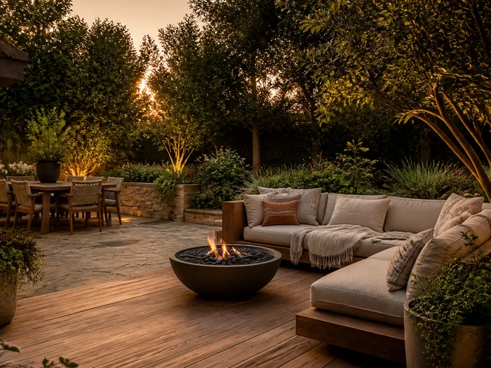 A designed backyard at golden hour: wood deck, outdoor sofa, fire bowl and lush planting