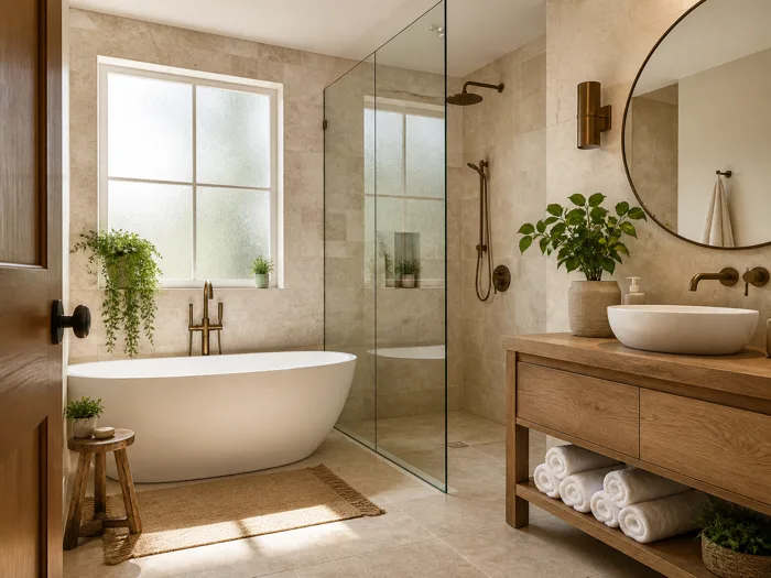 A spa-like bathroom: freestanding tub, glass shower screen, wood vanity with vessel sink, plants and soft daylight through a frosted window