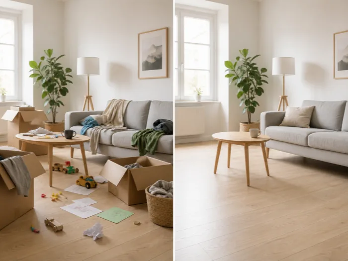 One living room shown twice, split down the middle: cluttered with boxes, laundry and toys on the left, the same room tidy on the right