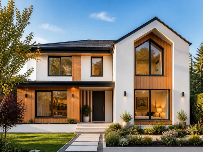 A two storey family house facade after a redesign: warm wood cladding over white render, black window frames and a tidy front garden