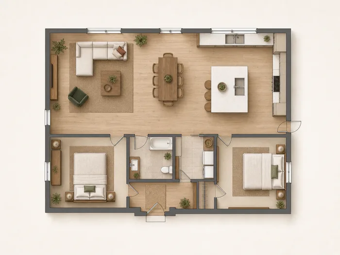 A warm-toned 2D architectural colour floor plan of a family home, sage and cream rooms with simple furniture symbols, drawn on off-white paper