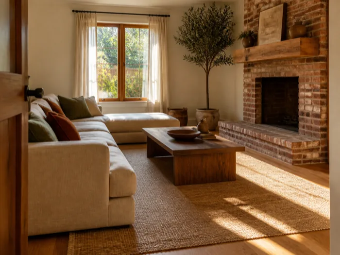 A warm living room: oat linen sofa with olive and rust cushions, walnut coffee table, jute rug and a brick fireplace in late-afternoon light