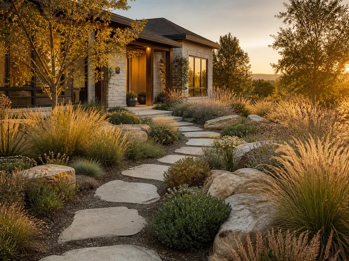 A designed residential front yard in warm evening light: layered planting beds, ornamental grasses and a stone path