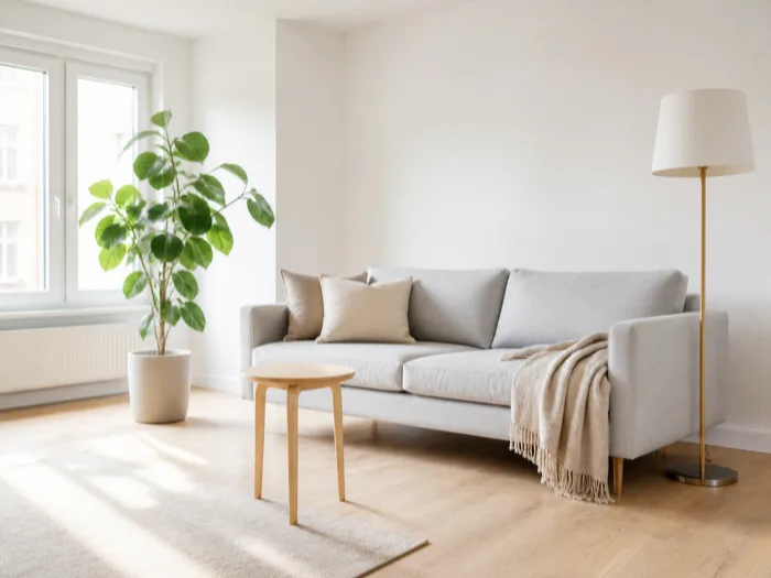 A freshly staged Scandinavian living room in a just-moved-in flat: grey sofa, pale wood table, floor lamp and one large plant in airy light
