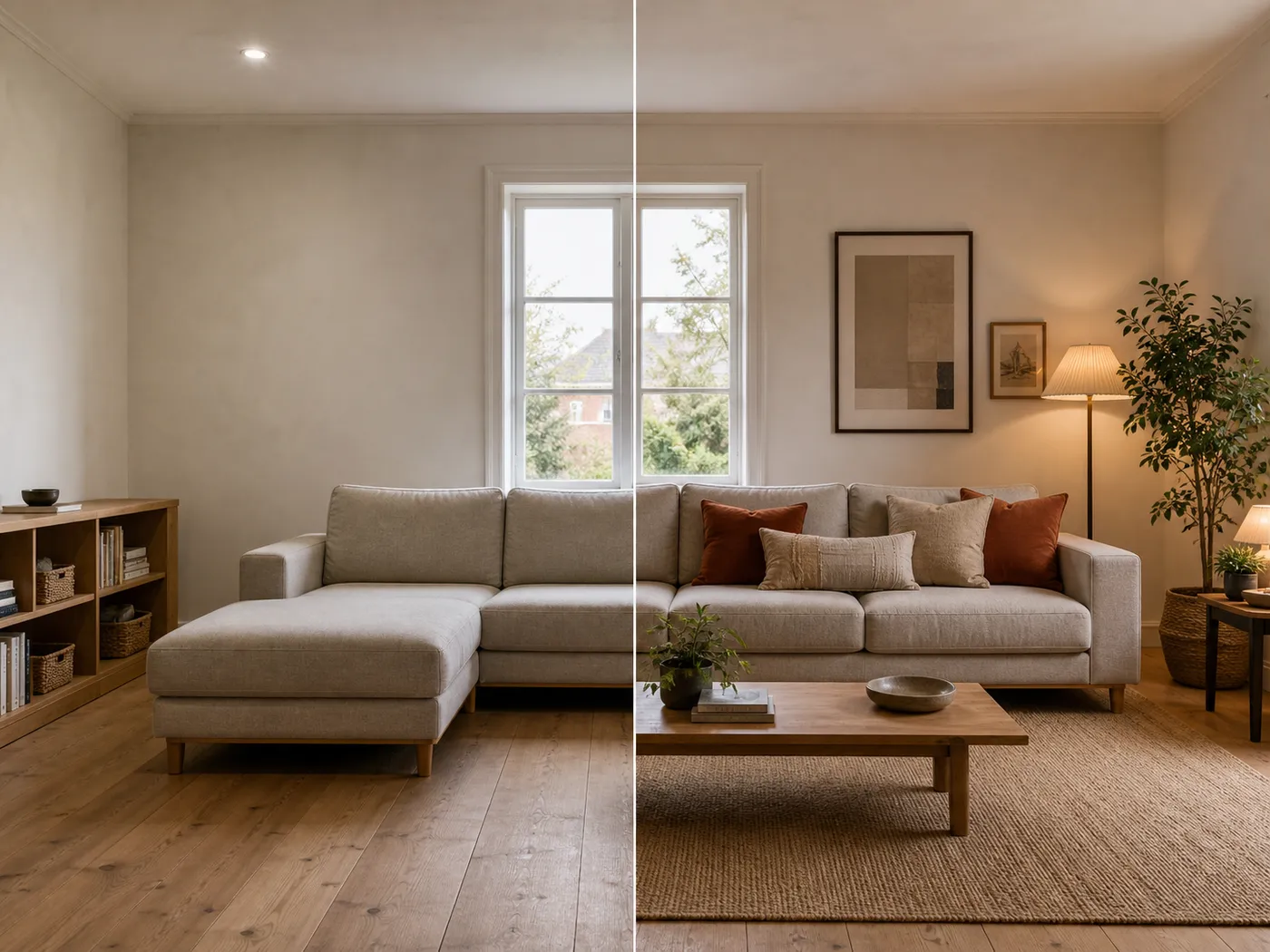 One living room split down the middle: on the left the room with its sofa and shelving but bare walls and no rug, on the right the same room finished with a rug, wall art, cushions and warm layered lighting