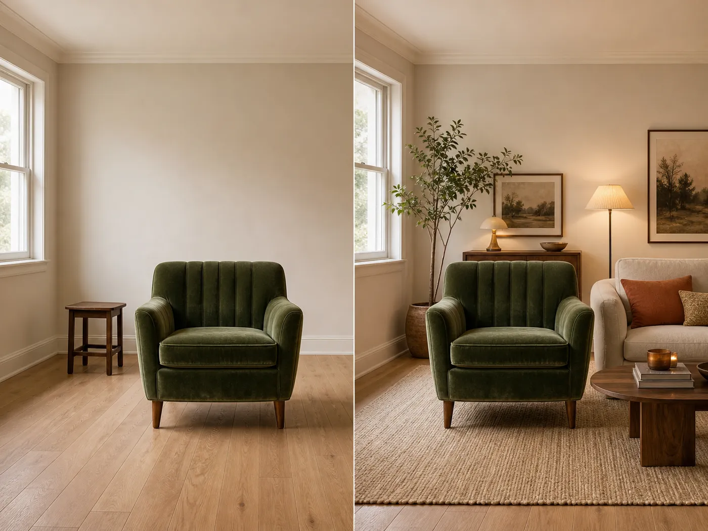One room split down the middle: on the left a sparse room with a green velvet armchair, on the right the same room fully decorated with the same green armchair still in its place