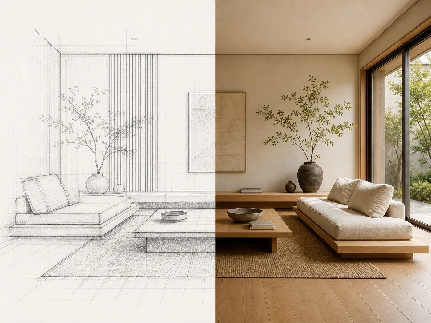 One room split down the middle: on the left a pencil and ink architectural line sketch of the room, on the right the same view as a finished Japandi interior photograph