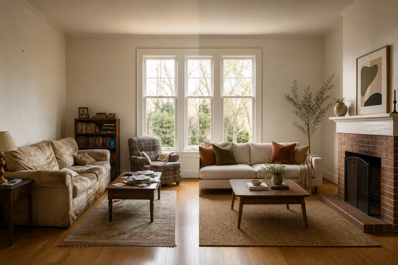 One living room drawn in two moods either side of a center seam: worn beige furnishing and a cluttered table on the left, an oat sofa, walnut table and framed print on the right, the same window wall and brick fireplace throughout