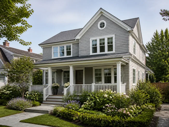 A coastal style house in pale weatherboard with a shingle roof, white trim and planting of grasses along the front path