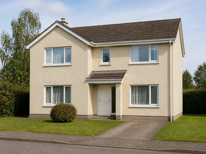 An ordinary two-storey suburban family house photographed straight on from the street in late-morning daylight