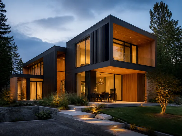 A modern farmhouse facade in pale board-and-batten siding with black window frames and a standing seam metal porch roof