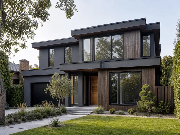 A detached family house with pale render, dark grey window frames and a flat-roofed entrance canopy, in clear daylight