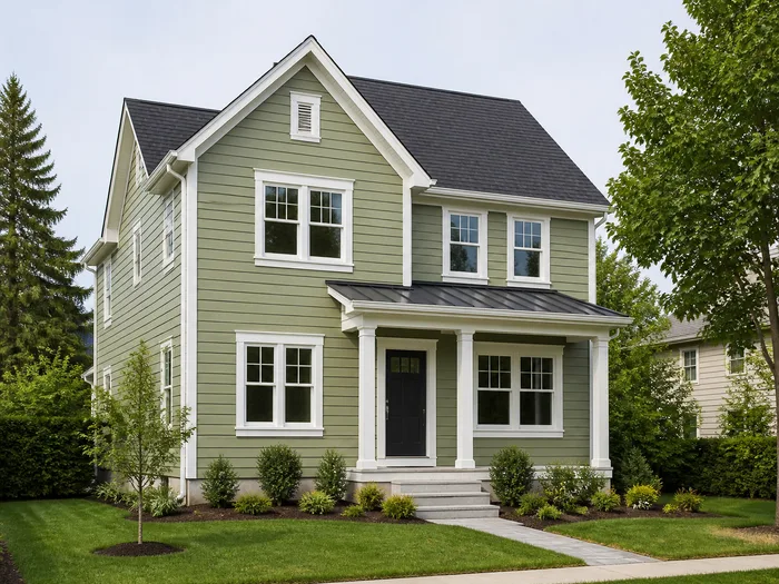 A two-storey house painted in a soft sage green with white trim and a dark front door, in flat afternoon light