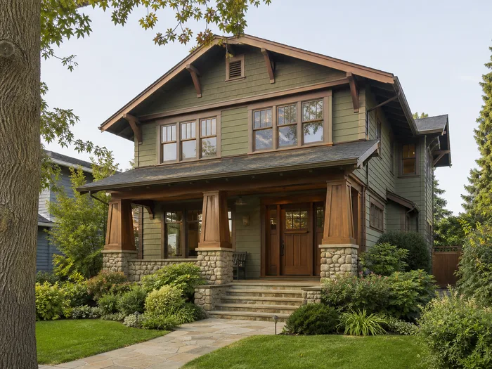 A craftsman style house with tapered porch columns, exposed rafter tails, natural stone at the base and deep earthy paintwork