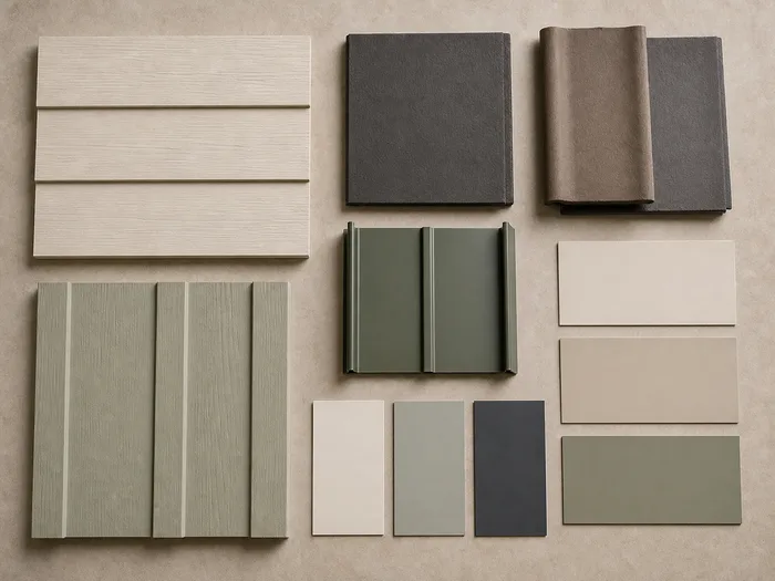 Cladding and paint samples laid out on a table, timber boards, a brick and painted colour cards
