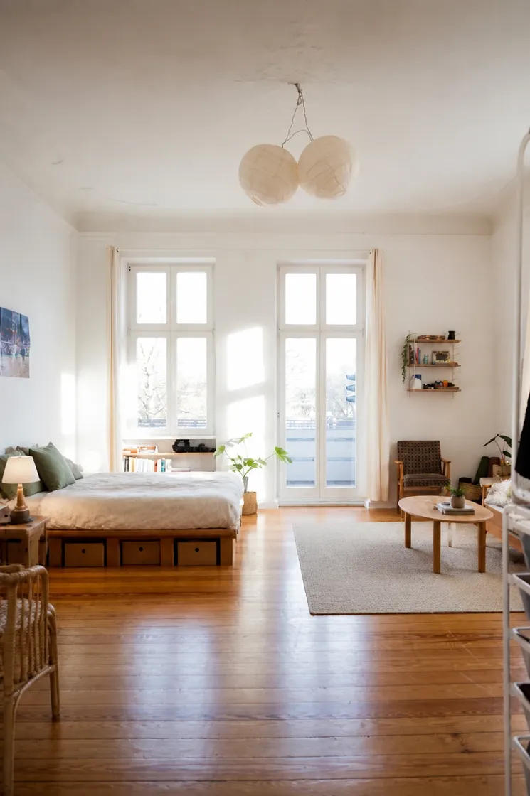 The same bedroom restyled by AI: made bed, rug and warm textiles, structure unchanged