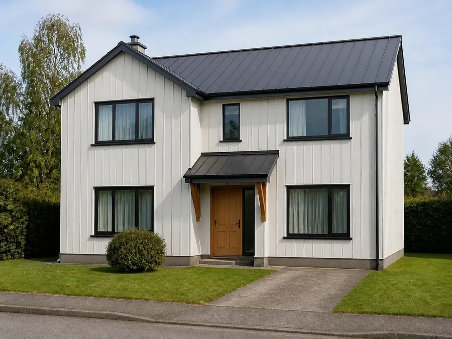 The same house refinished by AI in a modern farmhouse style: pale board-and-batten siding, black window frames and a standing seam metal roof, with every window, the roofline and the garden unchanged