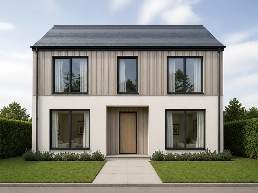 The same house built and photographed by AI: timber cladding, slate roof and planting, every opening exactly as drawn