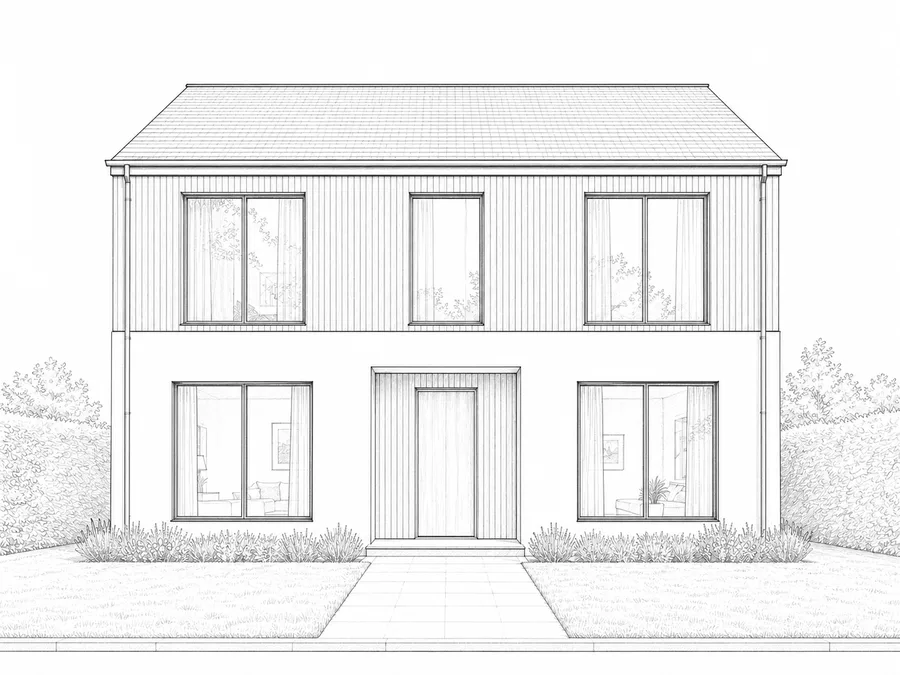 A hand-drawn architectural line drawing of a two storey house, pencil and ink on white paper