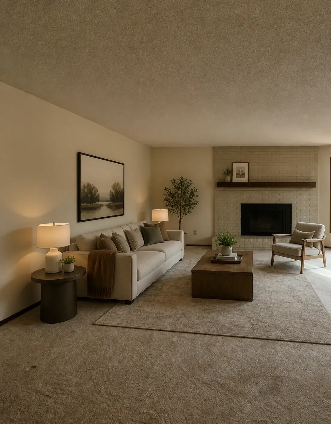 The same living room virtually staged: sofa, armchair and rug added, fireplace and ceiling unchanged