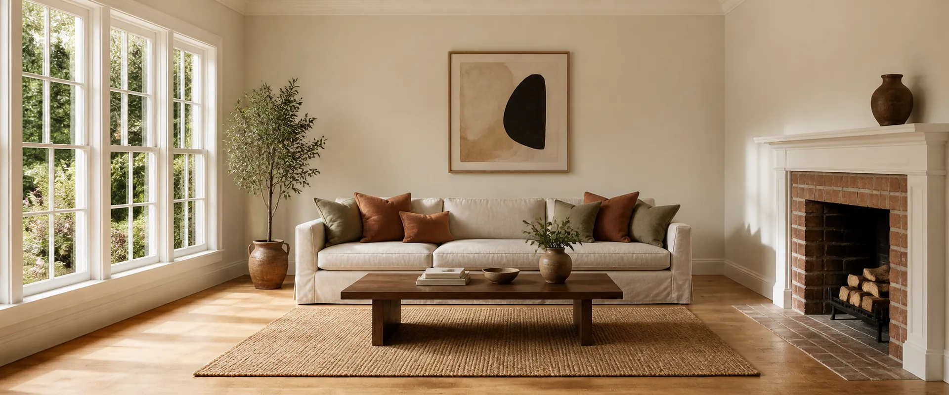 The same living room restyled: oat linen sofa with olive and rust cushions, walnut coffee table and jute rug, the windows, fireplace and floor unchanged