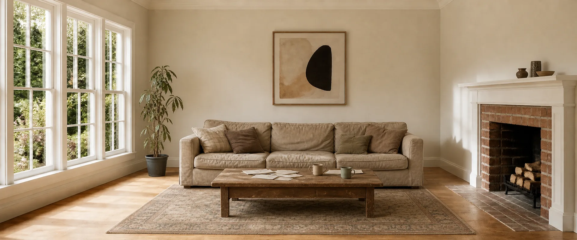 A living room with a worn beige sofa, a scuffed cluttered coffee table and a faded rug: tall windows, brick fireplace and oak floor in afternoon light