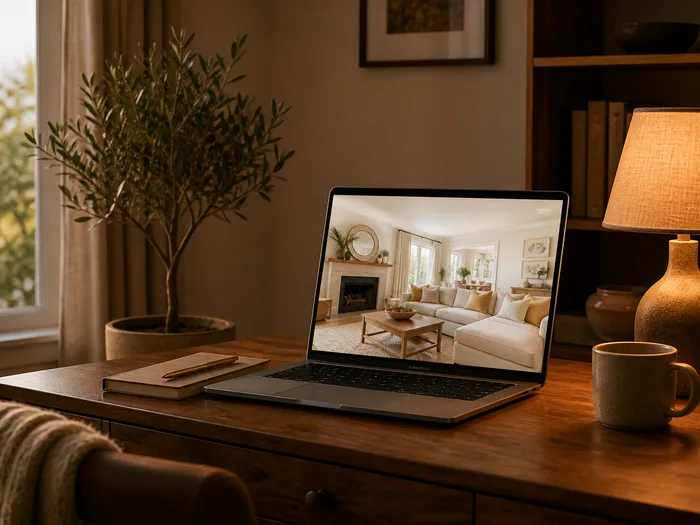 Illustration: a laptop on a warm desk showing a furnished living room photo