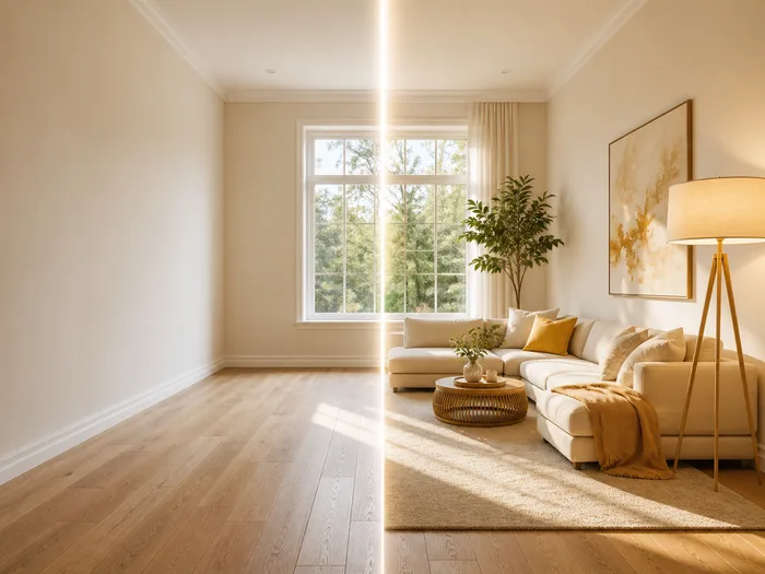 Illustration: one room, empty on the left half and furnished on the right, the wall and window continuous across the seam