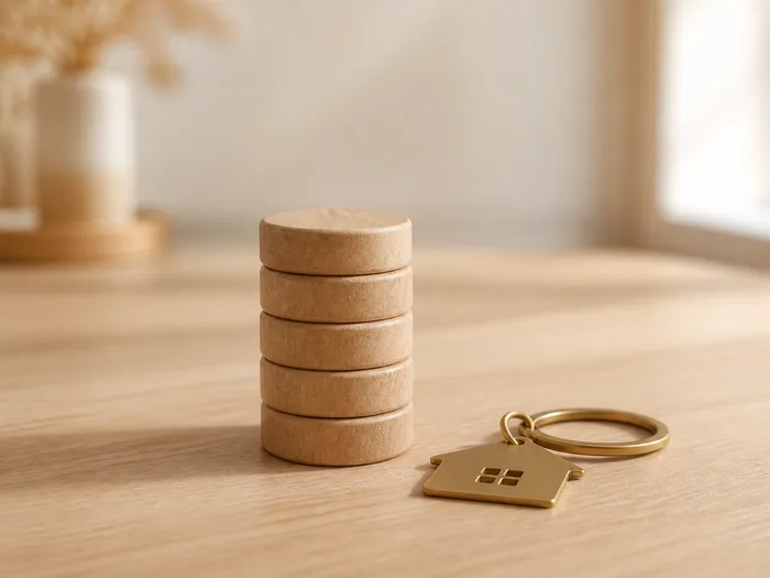 Illustration: five wooden tokens stacked beside a brass house keyring