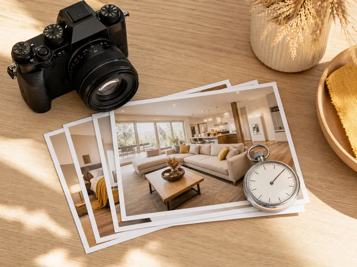 Illustration: a camera, printed listing photos and a stopwatch on a desk