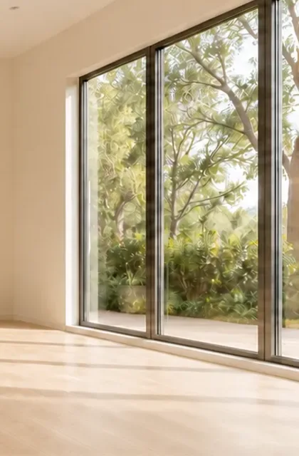 A floor-to-ceiling window in an empty room, cropped from the original photo