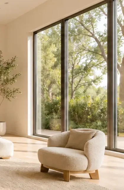 The same window with a generated armchair and olive tree placed in front of it