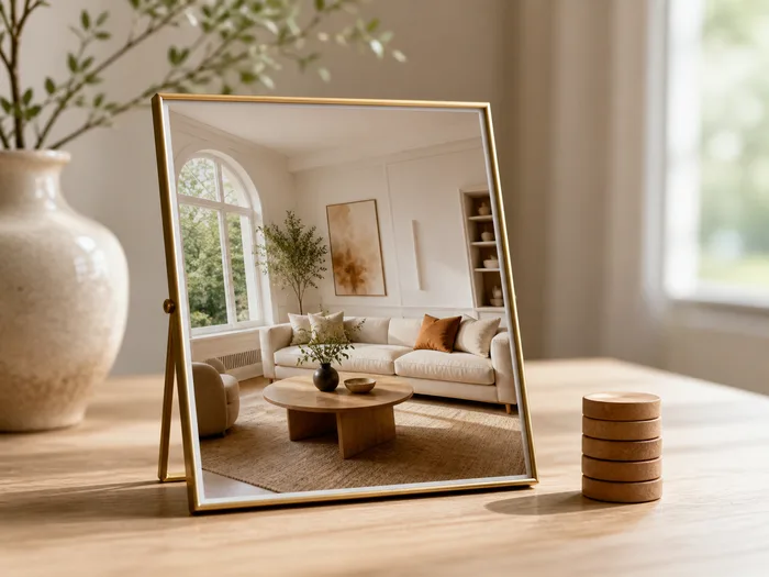 Illustration: a framed photo of a furnished living room beside a small stack of wooden tokens