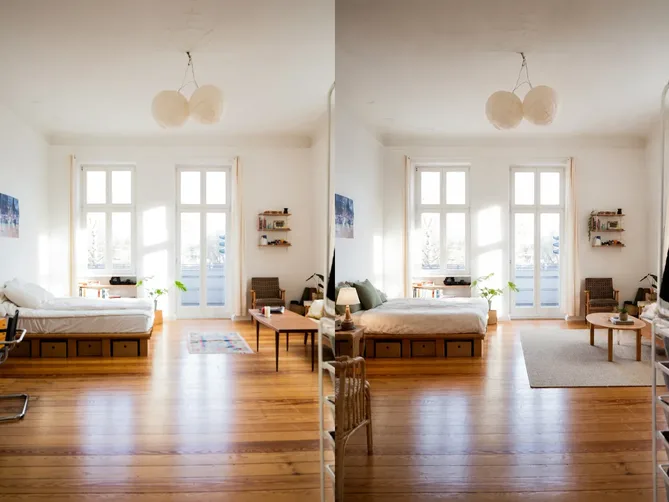 Before and after, side by side: a bare bedroom as photographed, then the same room furnished, with the windows, pendant light and floorboards unchanged