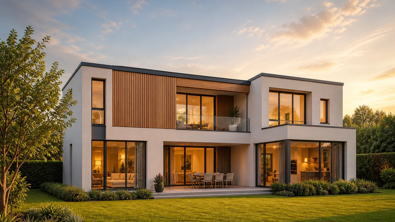 A contemporary house photographed from the garden in late afternoon light, timber and render facade with full height glazing