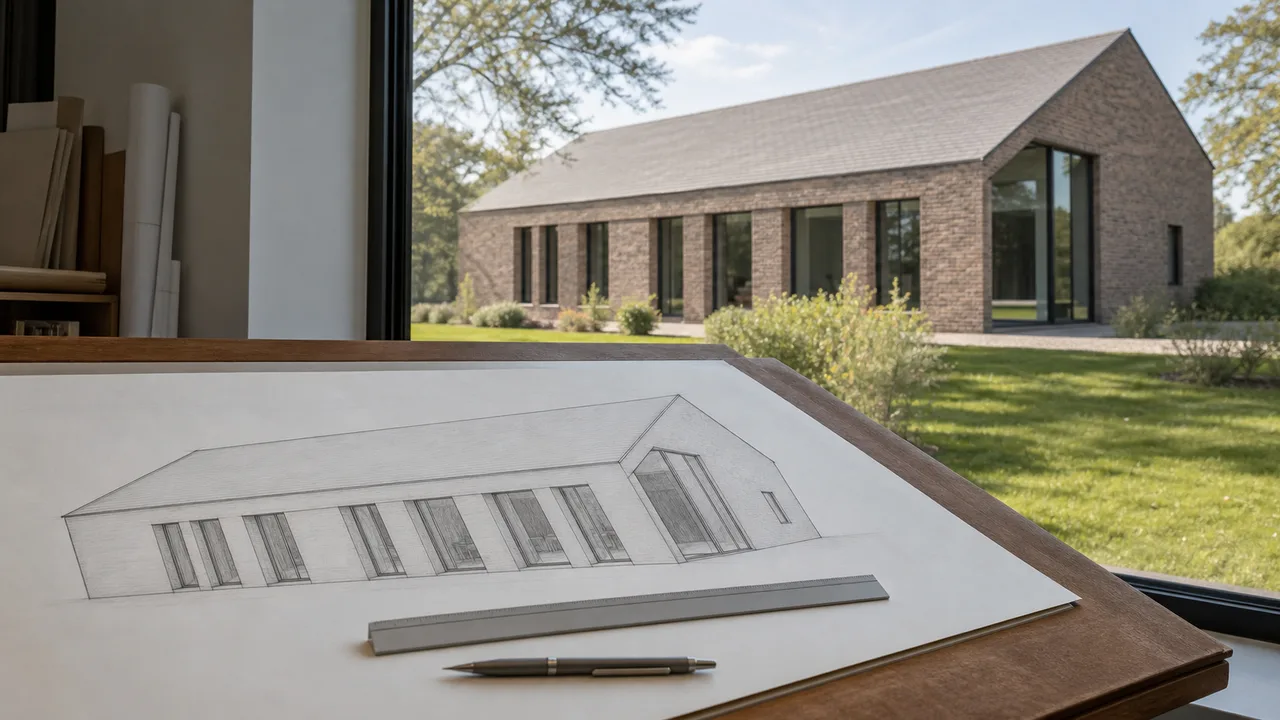An architect's drafting table carrying a hand-drawn line perspective of a long gabled building, a scale rule and a pencil resting on it, with the same building standing built in brick and glass beyond the studio window