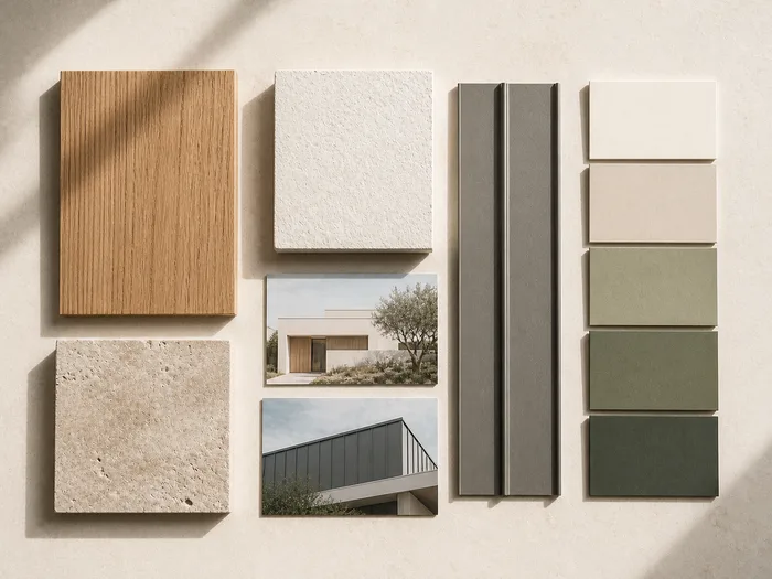 A drawing on a desk with a small stack of material samples beside it, timber, stone and a metal swatch