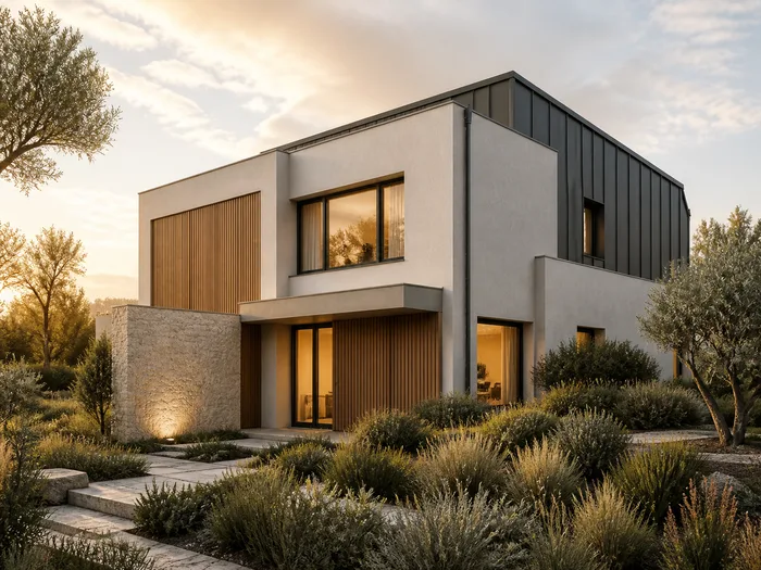 A photorealistic image of a finished house displayed on a large print beside the drawing it was made from