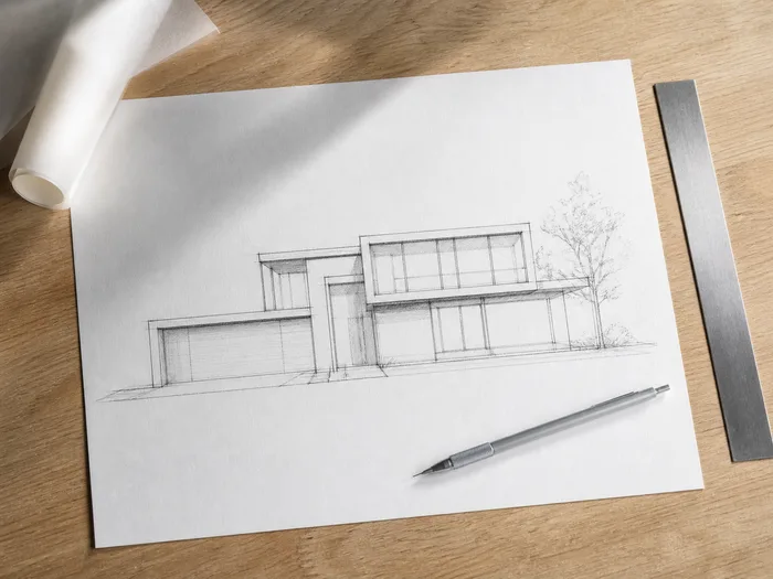 A hand drawn architectural line drawing of a house resting on a light wooden desk beside a mechanical pencil and a metal ruler
