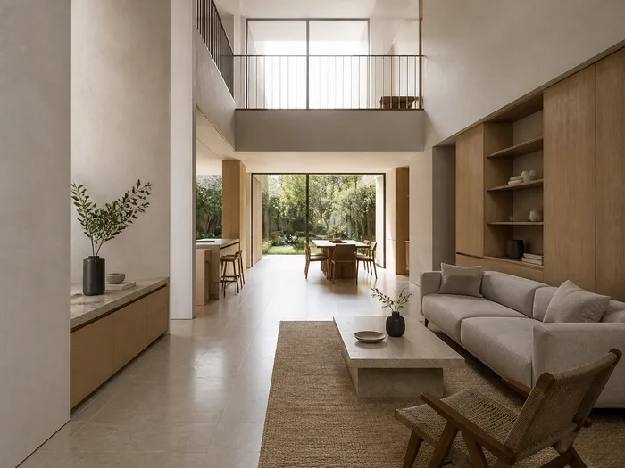 A bright open plan living space with a double height ceiling and a wall of glazing to a garden, seen down its length