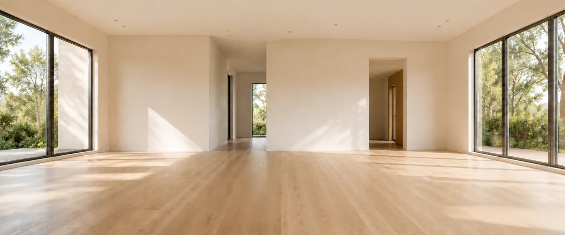 A grand empty living room: bare wood floor, cream walls and tall windows in daylight