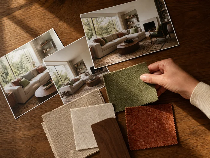 Printed photos of one living room fanned on a wood table beside oat, olive, rust and walnut swatches, a hand placing one