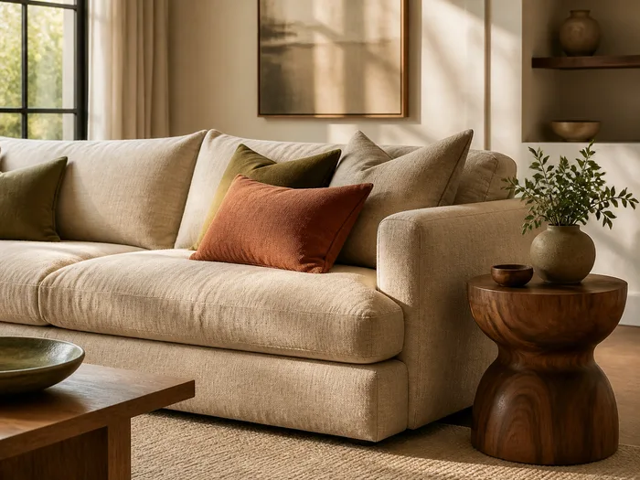 A freshly styled living room corner: oat linen sofa with olive and rust cushions and a walnut side table in warm afternoon light