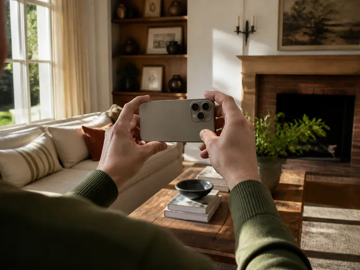 Hands photographing a lived-in living room with a phone, fireplace and shelves beyond