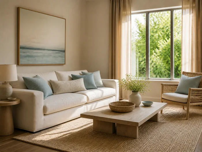 The same living room styled as Coastal: light woods, off-white and sea blue, natural fibres, an airy feel.