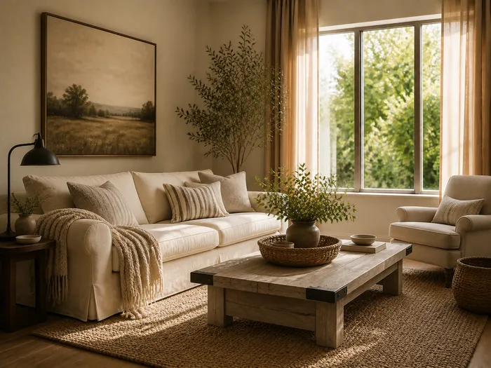 The same living room styled as Farmhouse: painted timber, black metal accents, woven textures, a lived-in warmth.