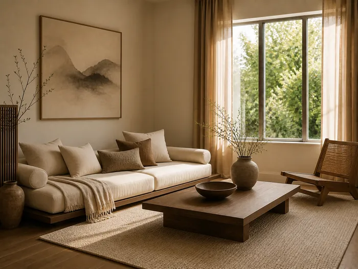 The same living room styled as Japandi: japanese restraint with scandinavian warmth, low furniture, cream and clay tones.