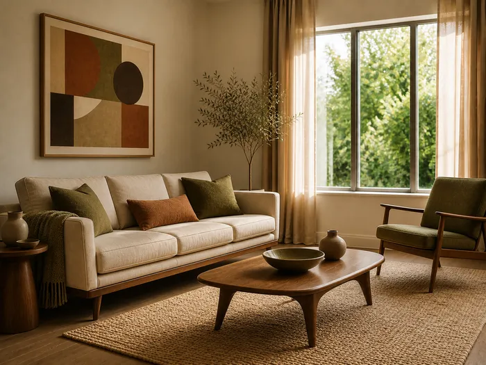 The same living room styled as Mid-century: warm woods, tapered legs, muted olive and rust accents.