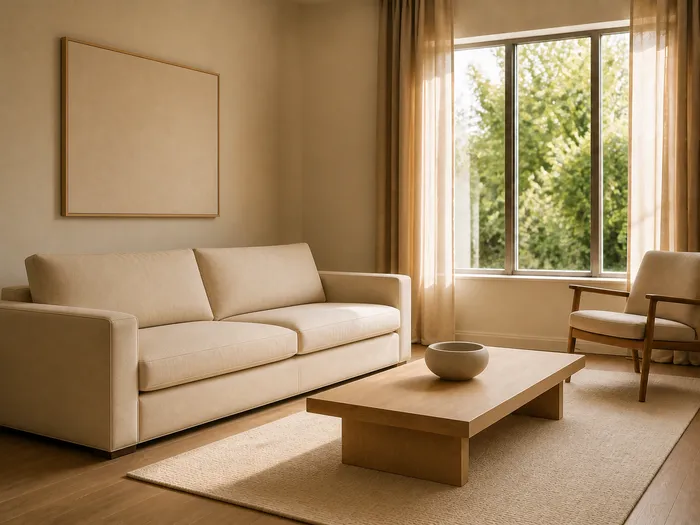 The same living room styled as Minimalist: few pieces, generous empty floor, one quiet accent at most.